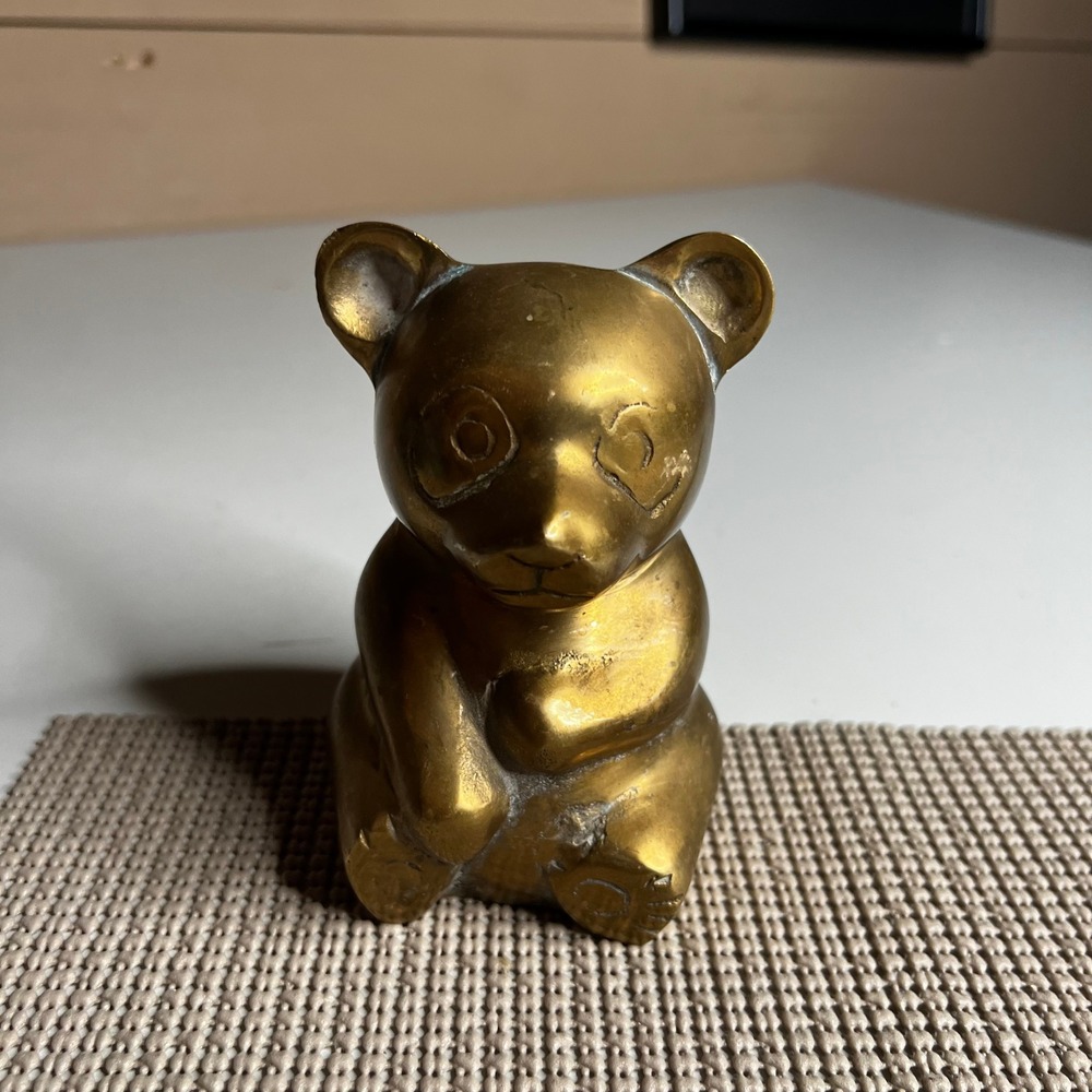 Vintage Solid Brass Panda Bear Figurine Sitting Animal Paperweight MCM Decor